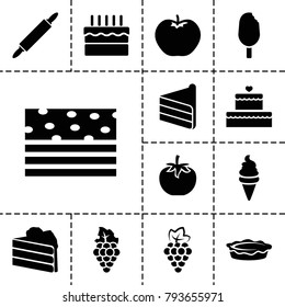 Dessert icons. set of 13 editable filled dessert icons such as grape, apple, cake, ice cream, pie, piece of cake