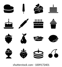 Dessert icons. set of 16 editable filled dessert icons such as cake with one candle, cherry, ice cream on stick, ice cream in can, ice cream ball, pie, pear, cake slice