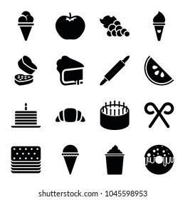 Dessert icons. set of 16 editable filled dessert icons such as apple, cake, ice cream, candy cane, dough pin, watermelon, cake with one candle, grape, piece of cake