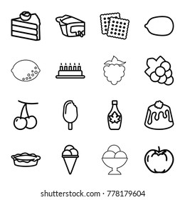 Dessert icons. set of 16 editable outline dessert icons such as cherry, apple, cookies, lemon, grape, cake, ice cream, maple syrup, pie
