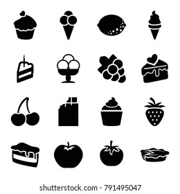 Dessert icons. set of 16 editable filled dessert icons such as apple, grape, chocolate, piece of cake, ice cream, pie, muffin, cake slice, cherry, lemon