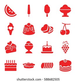 dessert icons set. Set of 16 dessert filled icons such as cherry, grape, cake with one candle, ice cream on stick, cake, ice cream ball, pie, cake slice, ice cream, sweet box