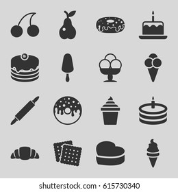 Dessert icons set. set of 16 dessert filled icons such as cake with one candle, cookies, Cherry, ice cream, ice cream on stick, ice cream in can, cake, donut, croissant, pear