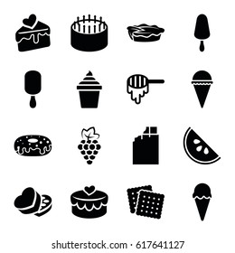 Dessert icons set. set of 16 dessert filled icons such as grape, honey, cookies, cake, ice cream, ice cream on stick, ice cream in can, donut, pie, cake slice, sweet box