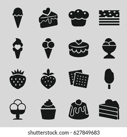 Dessert icons set. set of 16 dessert filled icons such as cookies, ice cream ball, pie, muffin, strawberry, cake slice, ice cream, heart lock, cake