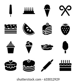 Dessert icons set. set of 16 dessert filled icons such as ice cream, ice cream on stick, ice cream in can, cake, piece of cake, pie, heart lock, candy cane, dough pin