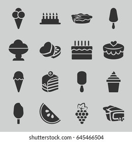 Dessert icons set. set of 16 dessert filled icons such as grape, ice cream on stick, ice cream in can, piece of cake, pie, sweet box, heart lock, cake, ice cream