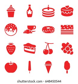 Dessert icons set. set of 16 dessert filled icons such as cherry, apple, grape, piece of cake, ice cream, ice cream on stick, ice cream in can, donut, maple syrup