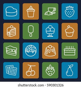 dessert icons set. Set of 16 dessert outline icons such as cherry, cookies, piece of cake, ice cream on stick, ice cream in can, donut, coffee and croissant, pie, pear
