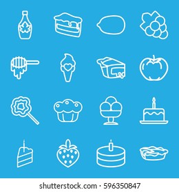 dessert icons set. Set of 16 dessert outline icons such as apple, honey, cake with one candle, Lemon, Grape, piece of cake, maple syrup, pie, lollipop, ice cream, strawberry