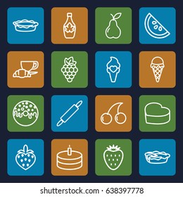 Dessert icons set. set of 16 dessert outline icons such as grape, cherry, donut, maple syrup, coffee and croissant, pie, pear, heart cake, ice cream, strawberry, cake