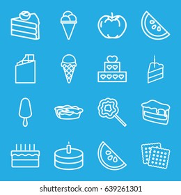 Dessert icons set. set of 16 dessert outline icons such as apple, cookies, piece of cake, ice cream on stick, ice cream, pie, lollipop, cake, watermelon