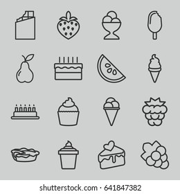 Dessert icons set. set of 16 dessert outline icons such as mulberry, grape, ice cream, ice cream in can, ice cream ball, pie, muffin, pear, cake slice, strawberry, cake