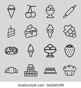 Dessert icons set. set of 16 dessert outline icons such as cherry, grape, ice cream, donut, ice cream ball, croissant, cake slice, piece of cake, pie, dough pin, strawberry