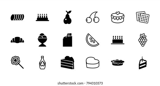 Dessert icons. set of 18 editable filled and outline dessert icons: chocolate, cake, ice cream ball, croissant, pie, lollipop, pear, piece of cake, cookie, grape, cookies