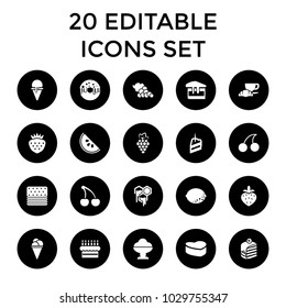 Dessert icons. set of 20 editable filled dessert icons such as grape, cherry, ice cream, piece of cake, coffee and croissant. best quality dessert elements in trendy style.