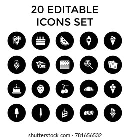 Dessert icons. set of 20 editable filled dessert icons such as cherry, grape, cake with one candle, cookies, ice cream on stick. best quality dessert elements in trendy style.