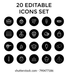 Dessert icons. set of 20 editable outline dessert icons such as cherry, mulberry, honey, ice cream on stick, pie, muffin. best quality dessert elements in trendy style.