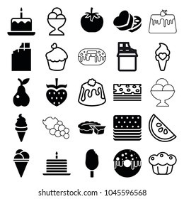 Dessert icons. set of 25 editable filled and outline dessert icons such as cake with one candle, chocolate, ice cream, pear, sweet box, ice cream ball, pie, piece of cake