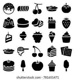 Dessert icons. set of 25 editable filled dessert icons such as cherry, mulberry, apple, honey, cookies, ice cream on stick, ice cream, ice cream in can, cake, piece of cake