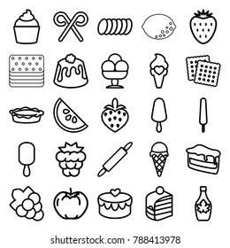 Dessert icons. set of 25 editable outline dessert icons such as mulberry, apple, cookies, grape, piece of cake, ice cream on stick, maple syrup, pie, muffin, ice cream