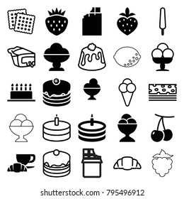 Dessert icons. set of 25 editable filled and outline dessert icons such as cherry, chocolate, ice cream, cake, ice cream ball, coffee and croissant, strawberry, cookies