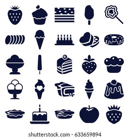Dessert icons set. set of 25 dessert filled icons such as apple, cake with one candle, ice cream, ice cream on stick, piece of cake, donut, pie, lollipop, strawberry, muffin