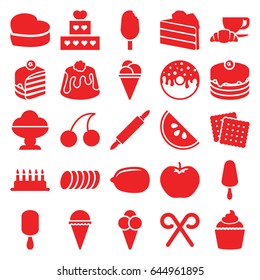 Dessert icons set. set of 25 dessert filled icons such as apple, cookies, cherry, lemon, ice cream, ice cream on stick, cake, piece of cake, donut, coffee and croissant, pie