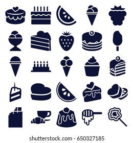 Dessert icons set. set of 25 dessert filled icons such as mulberry, honey, ice cream, cake, piece of cake, ice cream ball, coffee and croissant, pie, muffin, lollipop