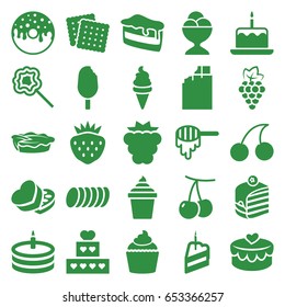 Dessert icons set. set of 25 dessert filled icons such as cherry, mulberry, grape, honey, cake with one candle, cookies, cherry, piece of cake, ice cream, ice cream in can