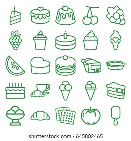 Dessert icons set. set of 25 dessert outline icons such as cherry, grape, apple, cookies, grape, piece of cake, ice cream on stick, ice cream, ice cream in can, cake
