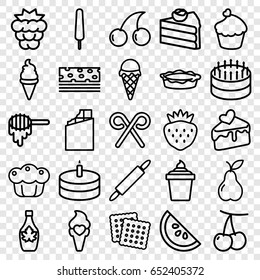 Dessert icons set. set of 25 dessert outline icons such as cherry, mulberry, honey, cookies, cherry, ice cream, ice cream on stick, ice cream in can, maple syrup, pie, pear