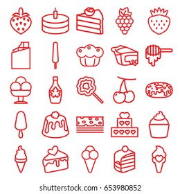 Dessert icons set. set of 25 dessert outline icons such as cherry, grape, honey, ice cream, ice cream on stick, piece of cake, donut, maple syrup, pie, muffin, lollipop