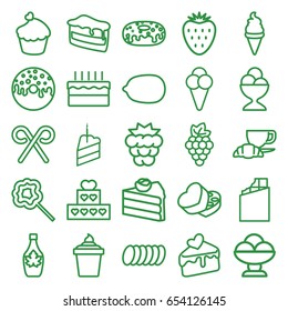Dessert icons set. set of 25 dessert outline icons such as mulberry, grape, lemon, piece of cake, ice cream, ice cream in can, donut, ice cream ball, maple syrup