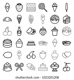 Dessert icons. set of 36 editable outline dessert icons such as cherry, cherry, lemon, cake, ice cream, ice cream on stick, ice cream in can, piece of cake, donut, maple syrup