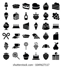 Dessert icons. set of 36 editable filled dessert icons such as grape, cake with one candle, grape, chocolate, cake, ice cream ball, maple syrup, coffee and croissant, pie