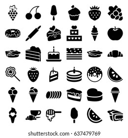 Dessert icons set. set of 36 dessert filled icons such as grape, apple, honey, cake with one candle, cherry, grape, piece of cake, ice cream, ice cream on stick, donut