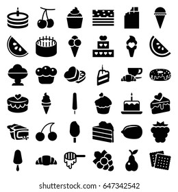 Dessert icons set. set of 36 dessert filled icons such as cherry, mulberry, honey, cake with one candle, cookies, cherry, lemon, grape, cake, ice cream, ice cream on stick