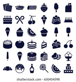 Dessert icons set. set of 36 dessert filled icons such as cherry, apple, cookies, cherry, cake, ice cream, ice cream on stick, piece of cake, donut, maple syrup, croissant