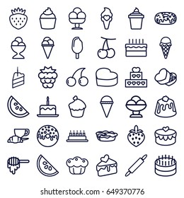 Dessert icons set. set of 36 dessert outline icons such as cherry, mulberry, honey, cake with one candle, cherry, ice cream, ice cream in can, donut, ice cream ball