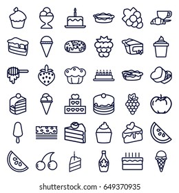 Dessert icons set. set of 36 dessert outline icons such as mulberry, grape, apple, honey, cake with one candle, cherry, grape, piece of cake, ice cream, ice cream on stick