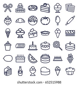 Dessert icons set. set of 36 dessert outline icons such as grape, apple, cake with one candle, cookies, lemon, ice cream, ice cream in can, piece of cake, donut