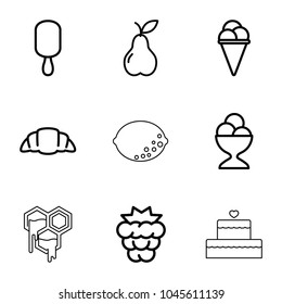 Dessert icons. set of 9 editable outline dessert icons such as mulberry, ice cream on stick, ice cream, ice cream ball, croissant, pear, honey, lemon