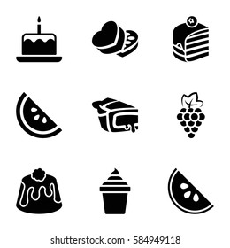 dessert icons set. Set of 9 dessert filled icons such as grape, cake with one candle, ice cream in can, piece of cake, pie, sweet box