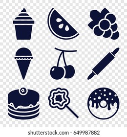 Dessert icons set. set of 9 dessert filled icons such as cherry, grape, ice cream, ice cream in can, cake, donut, lollipop, dough pin
