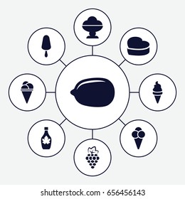 Dessert icons set. set of 9 dessert filled icons such as grape, lemon, ice cream, ice cream on stick, maple syrup