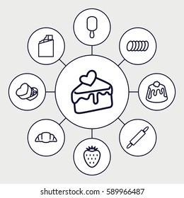 dessert icons set. Set of 9 dessert outline icons such as ice cream on stick, croissant, pie, cake slice, sweet box, cookie, dough pin, strawberry