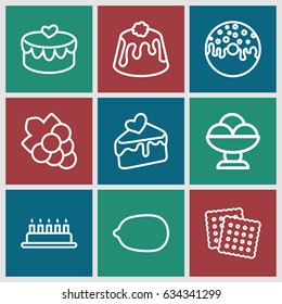 Dessert icons set. set of 9 dessert outline icons such as cookies, lemon, grape, donut, pie, cake slice, heart lock, cake
