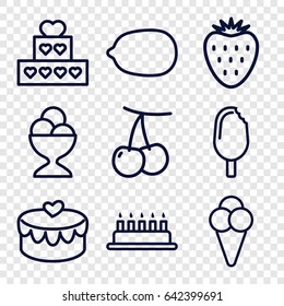 Dessert icons set. set of 9 dessert outline icons such as cherry, lemon, ice cream ball, heart lock, ice cream, strawberry