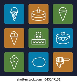 Dessert icons set. set of 9 dessert outline icons such as honey, lemon, ice cream, heart lock